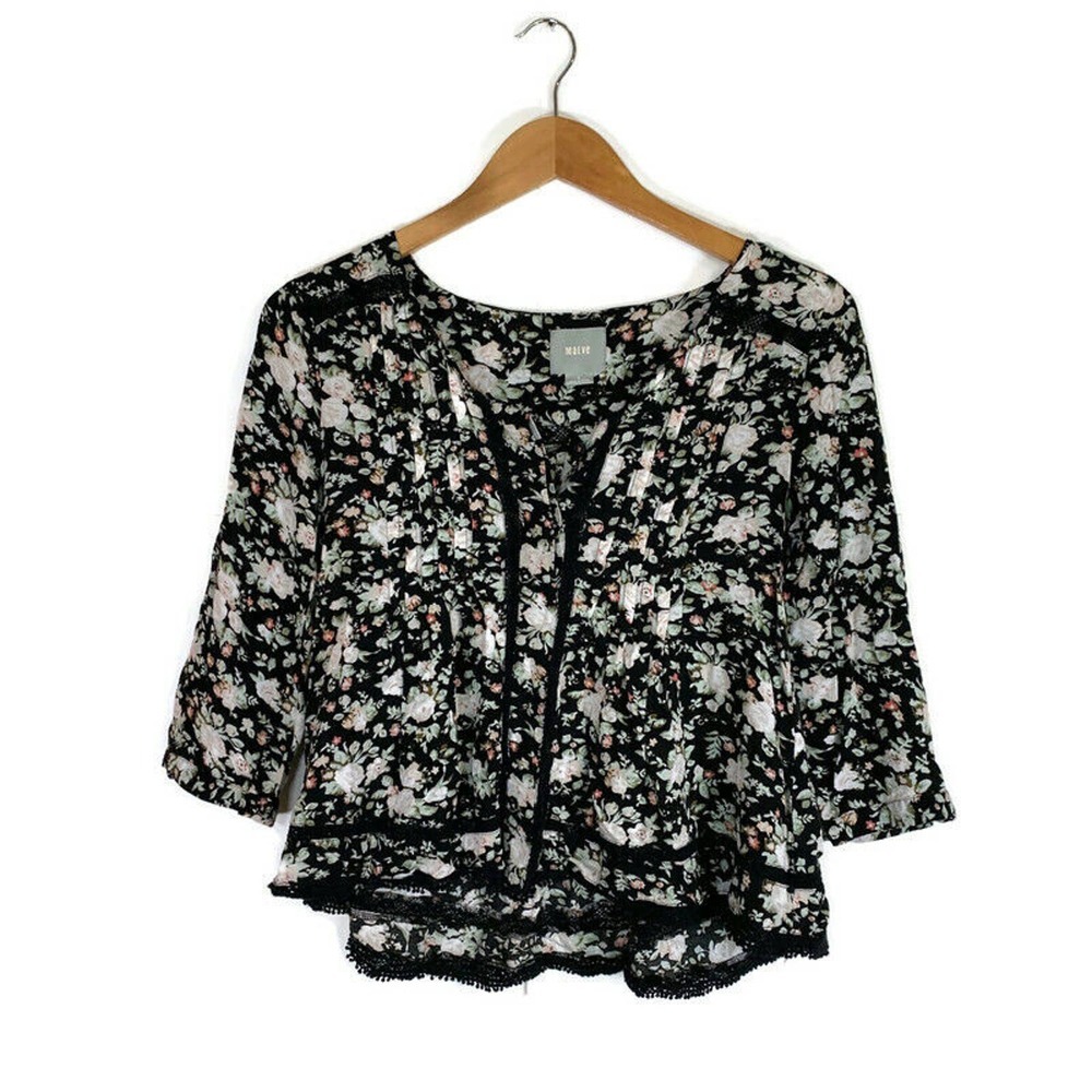 Anthropologie Maeve Sz 2 Crop Fit Peasant Blouse Black Floral Crochet Trim Boho